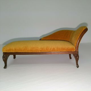 Sonia Messer Vintage Doll House Furnature Queen Anne,  Gold Chaise Lounge Walnut