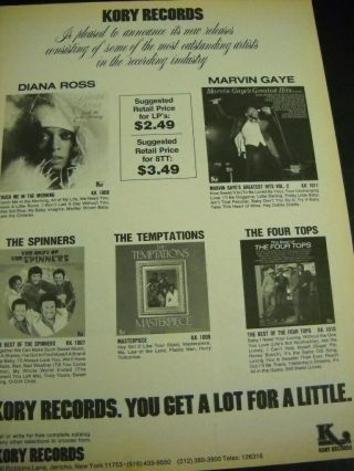 Kory 1977 Promo Poster Ad Diana Ross Marvin Gaye Spinners Temptations Four Tops