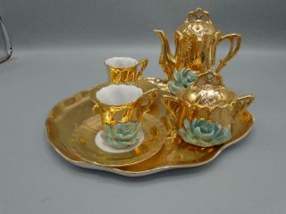 Vintage German Toy Miniature Doll Sized Porcelain Tea Set Gold Molded Flowers