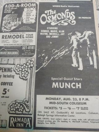 July 30,  1976 Newspaper Page 7804 - Live Im Memphis - The Osmonds,  Robin Trower