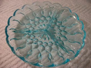 Indiana Aqua Blue Divided 3 Sect.  Glass Relish Candy Dish Vtg Round Thumbprint