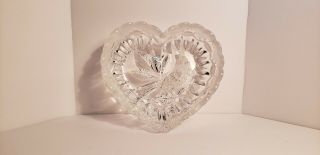 Vintage Cut Glass Heart Shaped Dish With Bird Crystal Frosted Hearts Along Edge