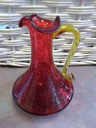 Vintage Crackle Glass Mini - Pitcher Or Bud Vase Ruby Red Yellow Handle 5 "