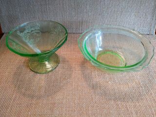 2 Depression Glass Small Green Glass Bowls 1 Footed 1 Ruffled Edge 4 " & 5.  5 "