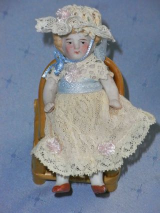 Antique Cabinet Size All Bisque Doll In Lace Dress Marked 5360