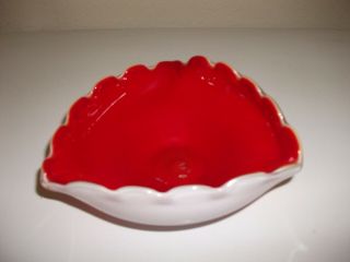Vintage Red On White Hand Blown Art Glass Bowl/dish - Great Cond.