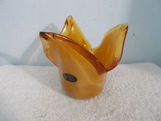 Hand Blown Murano Art Glass Tulip Vase Amber Italian White Crystal