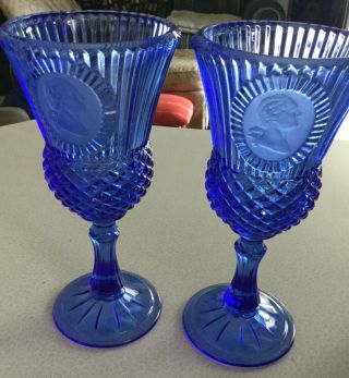 2 Vintage Fostoria Avon George Washington Cobalt Blue Chalices Goblets