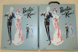 Vintage Barbie & Ken Doll Blue Wardrobe Carrying Case 1963 Accessory Boxes Strap