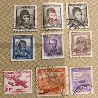 9 Vintage Postage Stamps Correos De Chile 1940s Crafts Display Projects