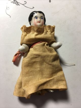 Antique China Frozen Charlotte Doll 3 1/2 " Dollhouse Sz Orig Handmade Dress