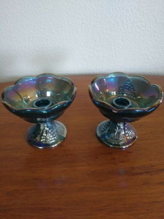 Blue Carnival Glass Candle Holders