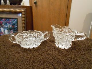 Antique American Brilliant Cut Crystal Sawtoothed Sugar Bowl And Creamer