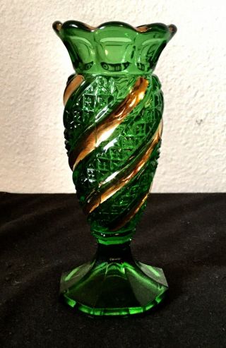 Eapg Antique U.  S.  Glass No.  16048 Green Vase With Gold Trim