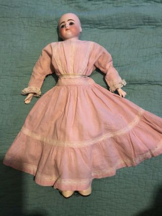 Antique 17 " Doll Kid Leather Body Germany Bisque Head Pink Dress
