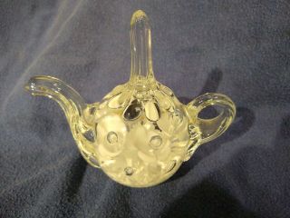 Joe Rice / St Claire Glass Tea Pot Paperweight Ring Holder White Trumpet Flowers