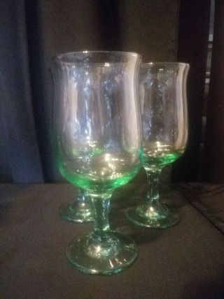 Vintage Set (3) Green glass footed stem Wine Water Tea Goblets Glasses 14 oz 2