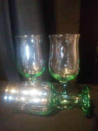 Vintage Set (3) Green glass footed stem Wine Water Tea Goblets Glasses 14 oz 3