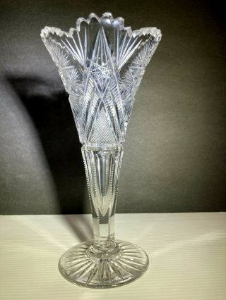 Antique American Brilliant Period Cut Hand Crystal Trumpet Vase.  Abc Glass.