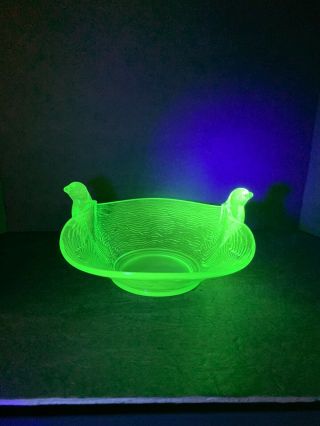 Green Uranium Depression Glass Candy/ Nut Bowl With Doves 7 1/2 " X 3 1/2 "