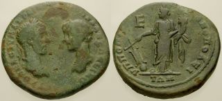 038.  Roman Bronze Coin.  Macrinus & Diadumenian,  Ae - 27.  Moesia Inferior.  Tyche