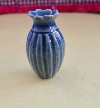 O1:12 Artisan E Cassaunt Vintage Unusual Country Style Blue Pottery Ridged Vase
