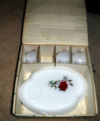 Vintage Federal Glass Rosecrest 7 Pc Luncheon Snack Tea Set Red Rose Cups Plates