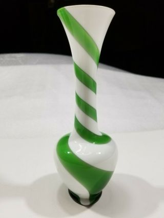 Vintage Hand Blown Glass Vase Green And White Candy Stripe Art Glass