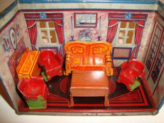 Vintage 1920s Marx Toy Newlyweds Tin Litho Dollhouse Miniature Parlor Furniture