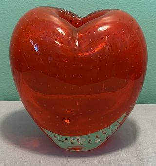 Handblown Controlled Bubble Art Glass Red Heart - Shaped Vase