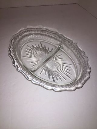 Vintage Clear Glass Oval Divided Nut,  Candy Relish Dish Sunburst Pattern Trinket
