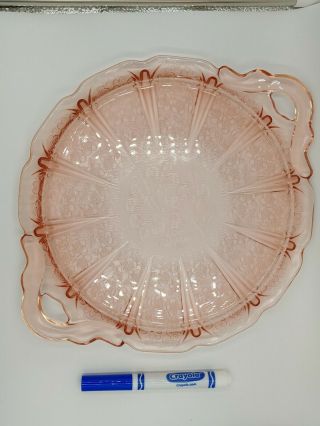 Vintage Pink Depression Glass Jeannette Cherry Blossom 2 - Handle Cake Plate