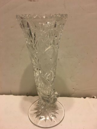 7 " Lead Crystal Bud Vase W/birds At Base And Etched On The Side