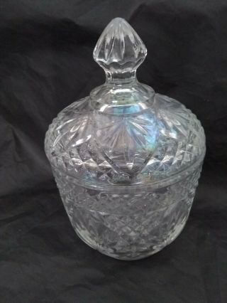 Vintage Glass Covered Candy Sugar Bowl Jar,  Diamond And Fan Pattern 5 - 3/4” High