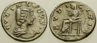 009.  Roman Silver Coin.  Julia Domna,  Ar Denarius.  East.  Pudicitia.  Vf