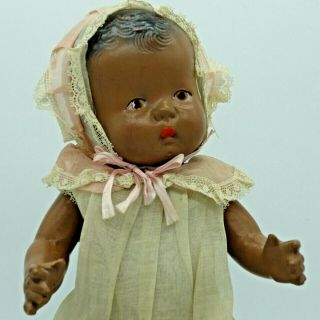 Antique Vintage Black Composition Character Doll Baby Bonnet Dress