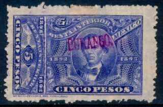 Bz50 Mexico Revenue R 100a 5$ 1892 - 93 Durango Ovpt Est $10 - 20