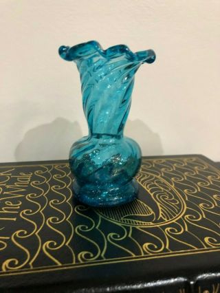 Vintage Aqua Blue Hand Blown Glass Ruffled Edge Bud Vase 4in