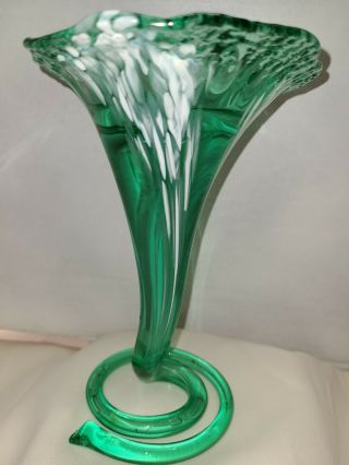 Hand - Blown Studio Art Glass Vase Green With White Swirls