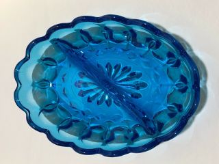 Vintage Indiana Glass Blue Glass Thumbprint Oval Divided Relish Dish 2