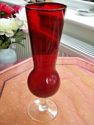 Bright Red Mid Century Vintage Empoli Italian Art Tall Glass Vase Rare