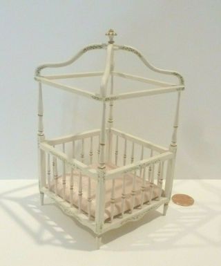 Bespaq Dollhouse Miniature Square Baby Crib With Canopy Top Hand Painted