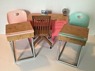 Our Generation Doll Size Teachers Desk With Chair And Two Student School Desks