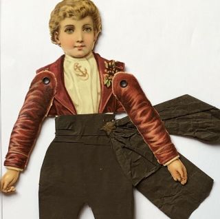 Pair Antique Victorian BLONDE BOY Paper Dolls Crepe Paper Sash 1890s 9 inch Tall 2