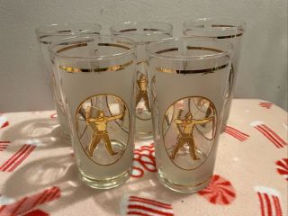 Set Of 5 Vintage American Indian Drinking Glasses 5.  5” Gold And Frost