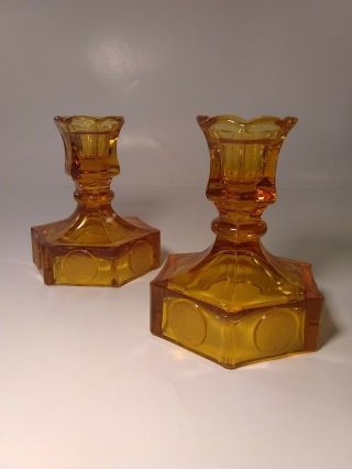 Vintage Amber Fostoria Coin Glass Candlestick Candle - Holders Fluted Top Pair.