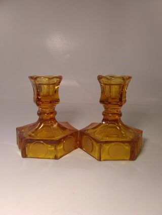 Vintage Amber Fostoria COIN GLASS Candlestick Candle - holders Fluted Top Pair. 2