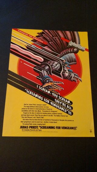 Judas Priest " Screaming For Vengeance " 1982 Rare Print Promo Poster Ad