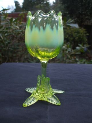 Antique Victorian Uranium Vaseline Opalescent Tulip Top Shaped Glass Vase.  Glows.