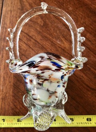 Vintage Mid - Century Art Glass Vase - Murano Style Footed Basket With Handle